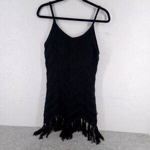 1st Class L/XL | Black Chevron Crochet Fringe Boho Festival Tank Top Women